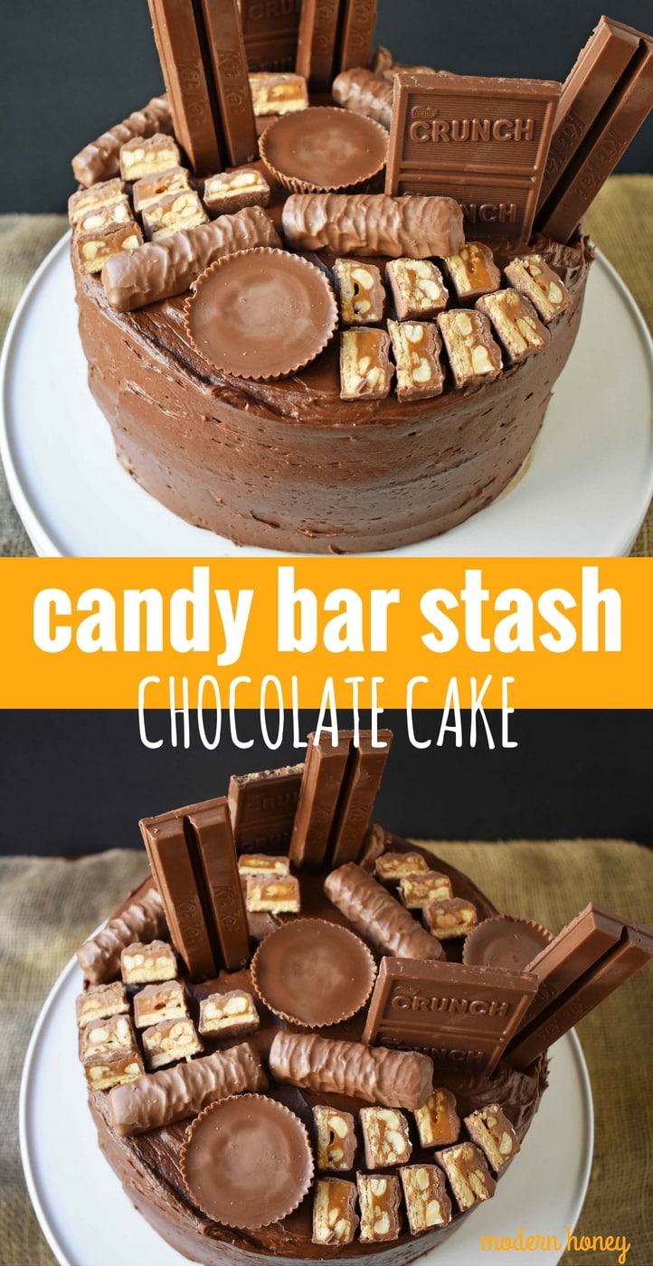 A chocolate lover's dream cake! A 5 star rated chocolate cake topped with rich chocolate buttercream frosting and your favorite chocolate candy bars. Chocolate candy bar cake topped with Snickers, Reeses, Kit Kat, Crunch, and Twix. www.modernhoney.com
