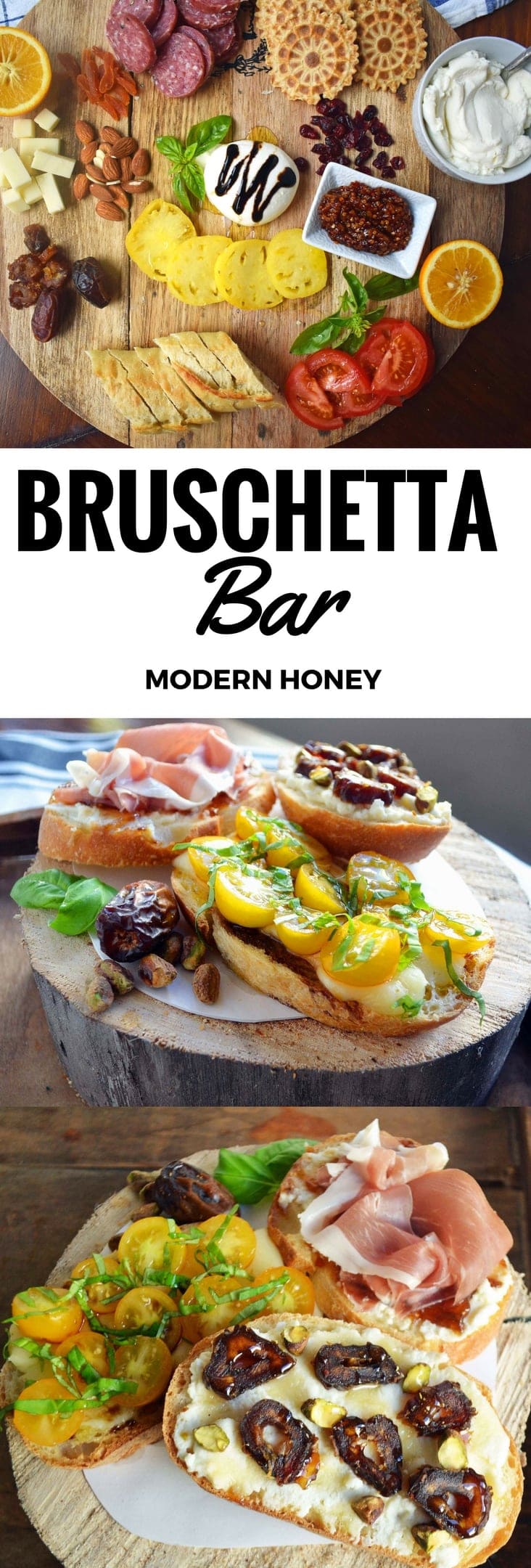 Ultimate Bruschetta Bar by Modern Honey. How to make a perfect bruschetta or charcuterie board using fresh meats, cheeses, fruits, breads, nuts, roasted vegetables, and fresh herbs. It's the perfect party appetizer. Bruschetta topping ideas plus flavor combinations.