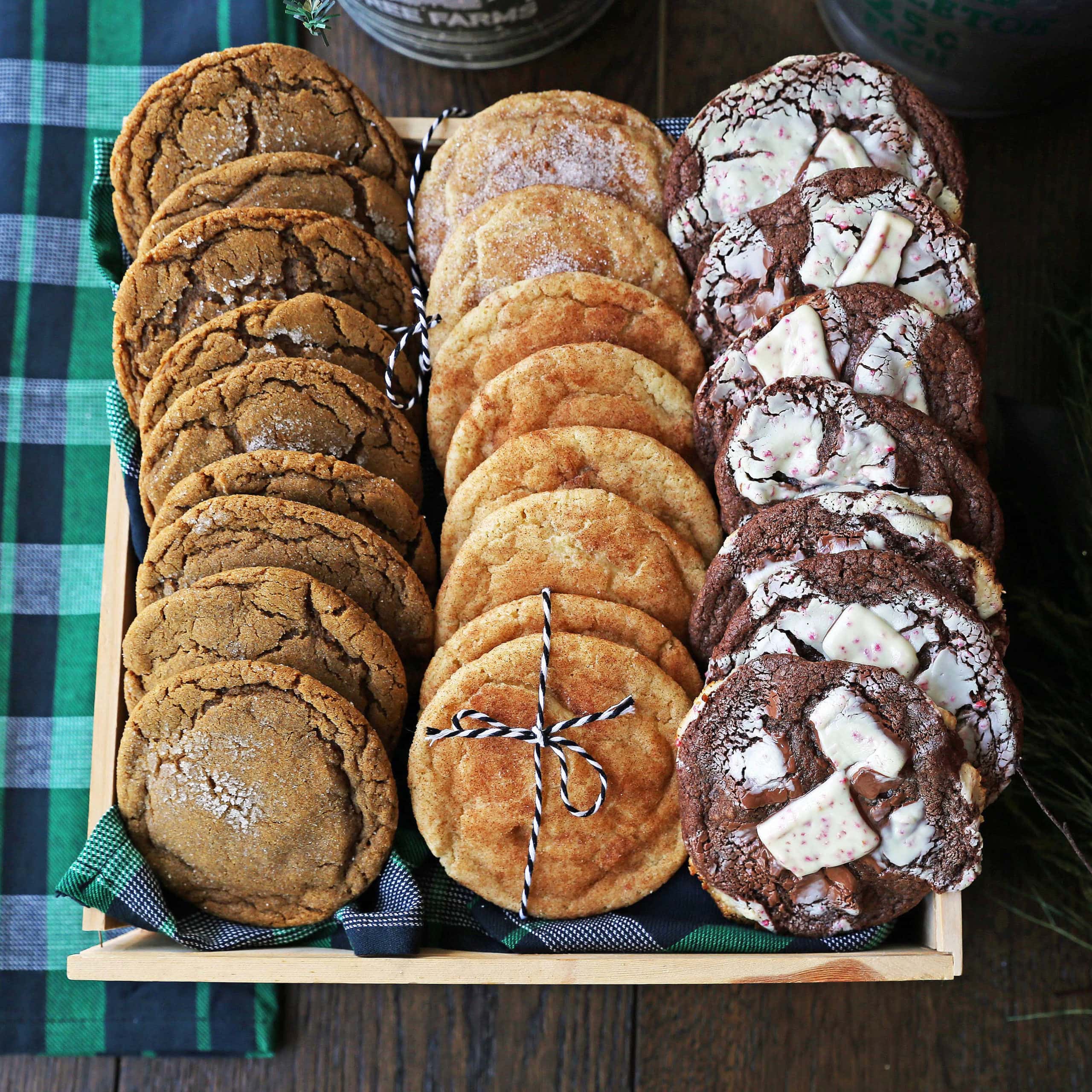 Christmas Cookie Box. Soft molasses cookies, snickerdoodles, and chocolate peppermint cookies. www.modernhoney.com #cookies #christmascookies #cookiebox #christmascookie