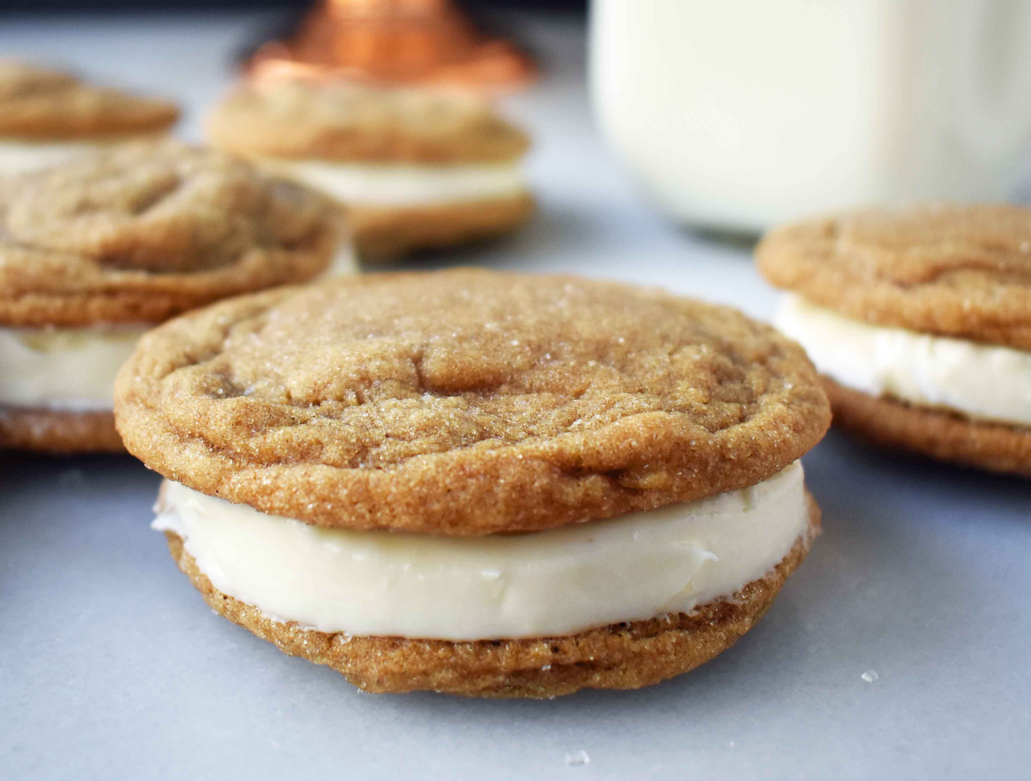 Gingersnap Oreos Sandwich Cookies with Cream Cheese Filling. Soft Gingerbread Cookies filled with sweet cream cheese filling. A favorite holiday cookie!