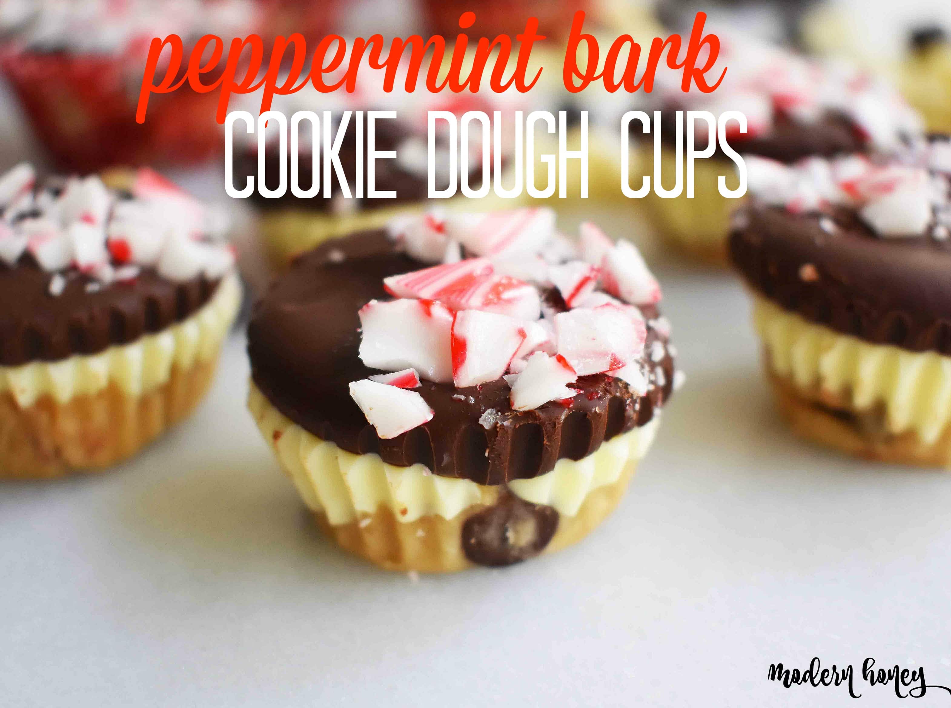 Peppermint Bark Cookie Dough Cups by Modern Honey. Egg Free Chocolate Chip Cookie Dough layered with white chocolate and semisweet chocolate and topped with crushed candy canes.