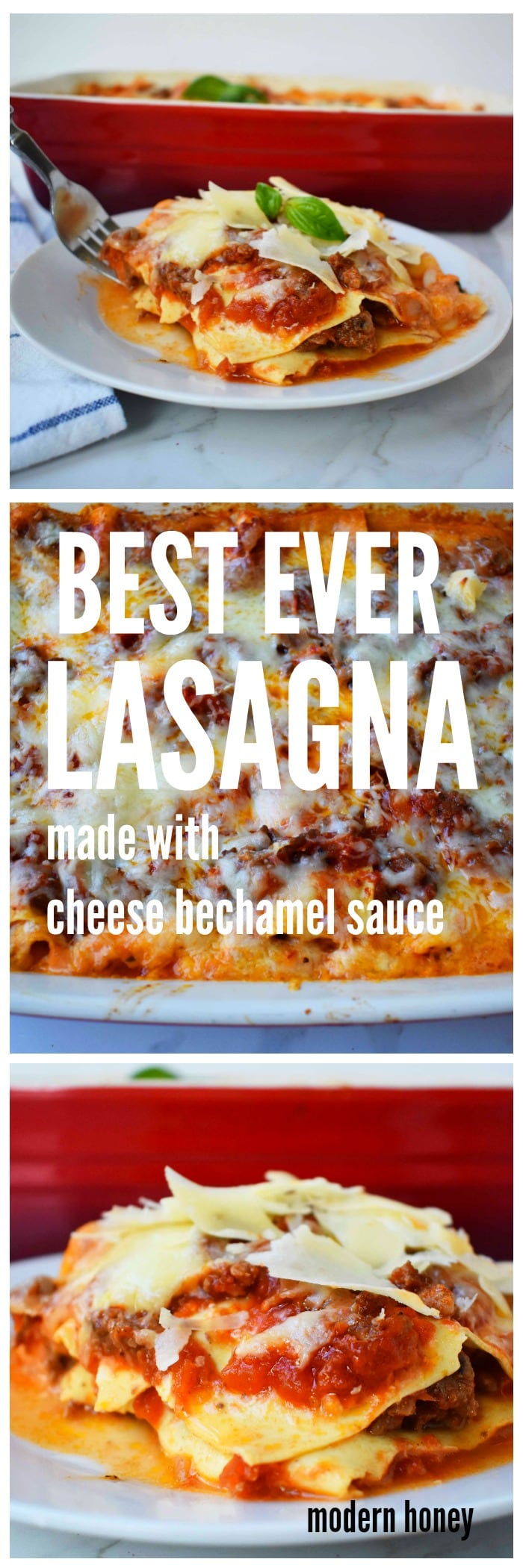 Italian Bolognese Lasagna. Authentic Italian recipe made with a traditional meat sauce, a creamy bechamel sauce, parmesan and mozzarella cheeses.