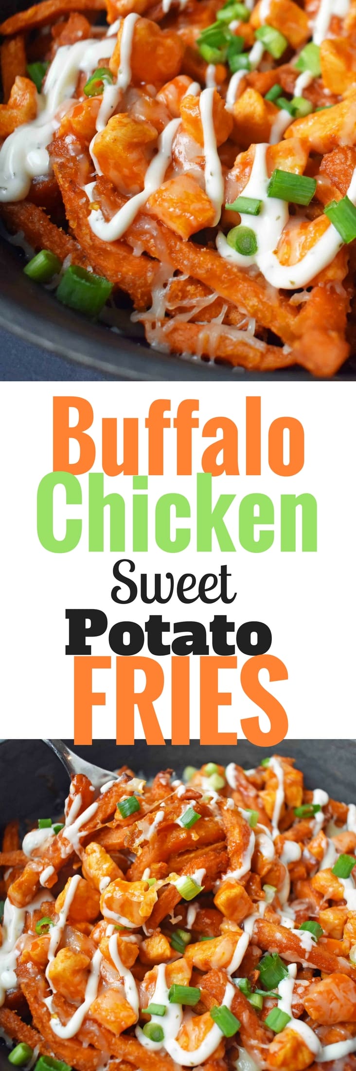 Buffalo Chicken Sweet Potato Fries by Modern Honey. Crisp Sweet Potato Fries topped with Buffalo Wing Chicken, Cheese, Green Onions, and Ranch Dressing.