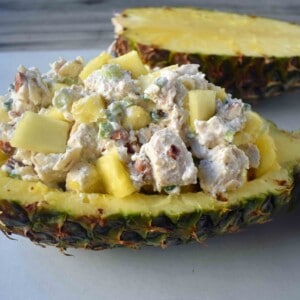 Healthy Tropical Chicken Salad made with lean chicken breast, greek yogurt, fresh pineapple, almonds, green onions, and spices. A high-protein lunch. www.modernhoney.com
