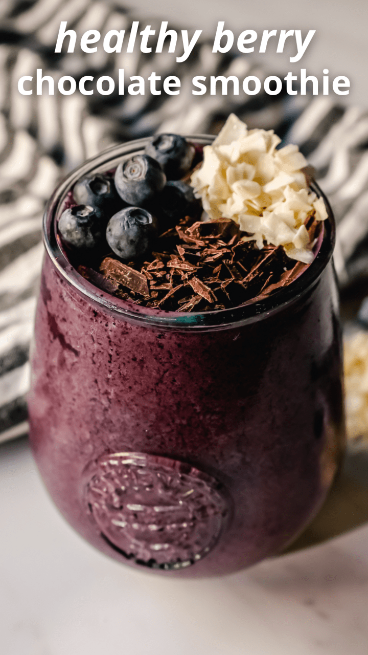 This Berry Chocolate Smoothie is full of blueberries, chocolate protein powder, almond or coconut milk, and almond butter. You can even add in a little banana for extra sweetness. This healthy chocolate blueberry smoothie is full of antioxidants and protein and is the perfect start for your day!