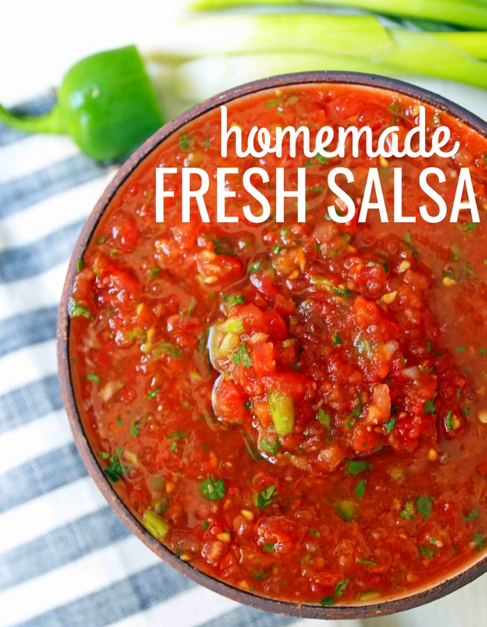 Homemade Restaurant Style Salsa. Fresh salsa made with fresh tomatoes, cilantro, green onion, jalapeno, and a secret ingredient! www.modernhoney.com