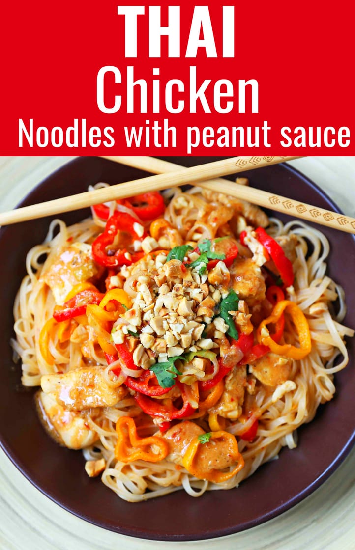 Thai Chicken Noodles. Healthy thai chicken, fresh vegetables, sauteed with a light peanut butter sauce. Better than take-out thai chicken noodles. www.modernhoney.com #thaichickennoodles