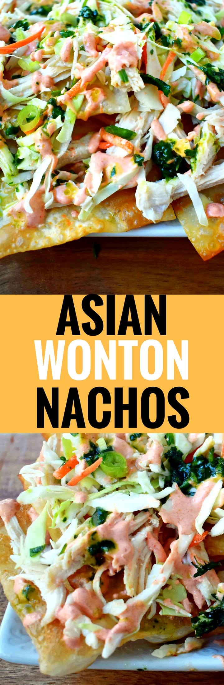 Asian Wonton Chicken Nachos made with homemade fried wontons, pulled chicken, sriracha cream sauce, cabbage mix, and a sweet cilantro lime sauce.  An Asian influenced appetizer using fried wontons instead of chips. Amazing! www.modernhoney.com