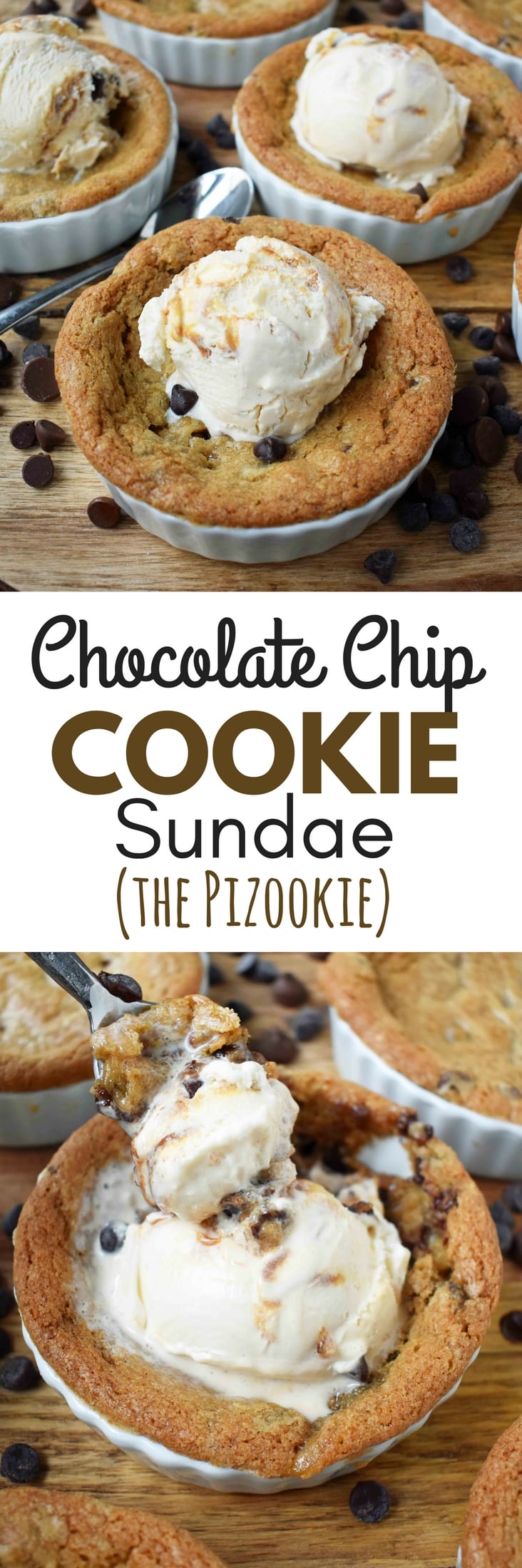 Mini Individual Chocolate Chip Cookie Sundae (Pizookie). The best chocolate chip cookie dough with a few secret techniques. The individual pizookies are baked in a ramekin until the edges are golden brown and the center is warm and gooey. The warm chocolate chip cookie is topped with ice cream. It's the most heavenly dessert! www.modernhoney.com