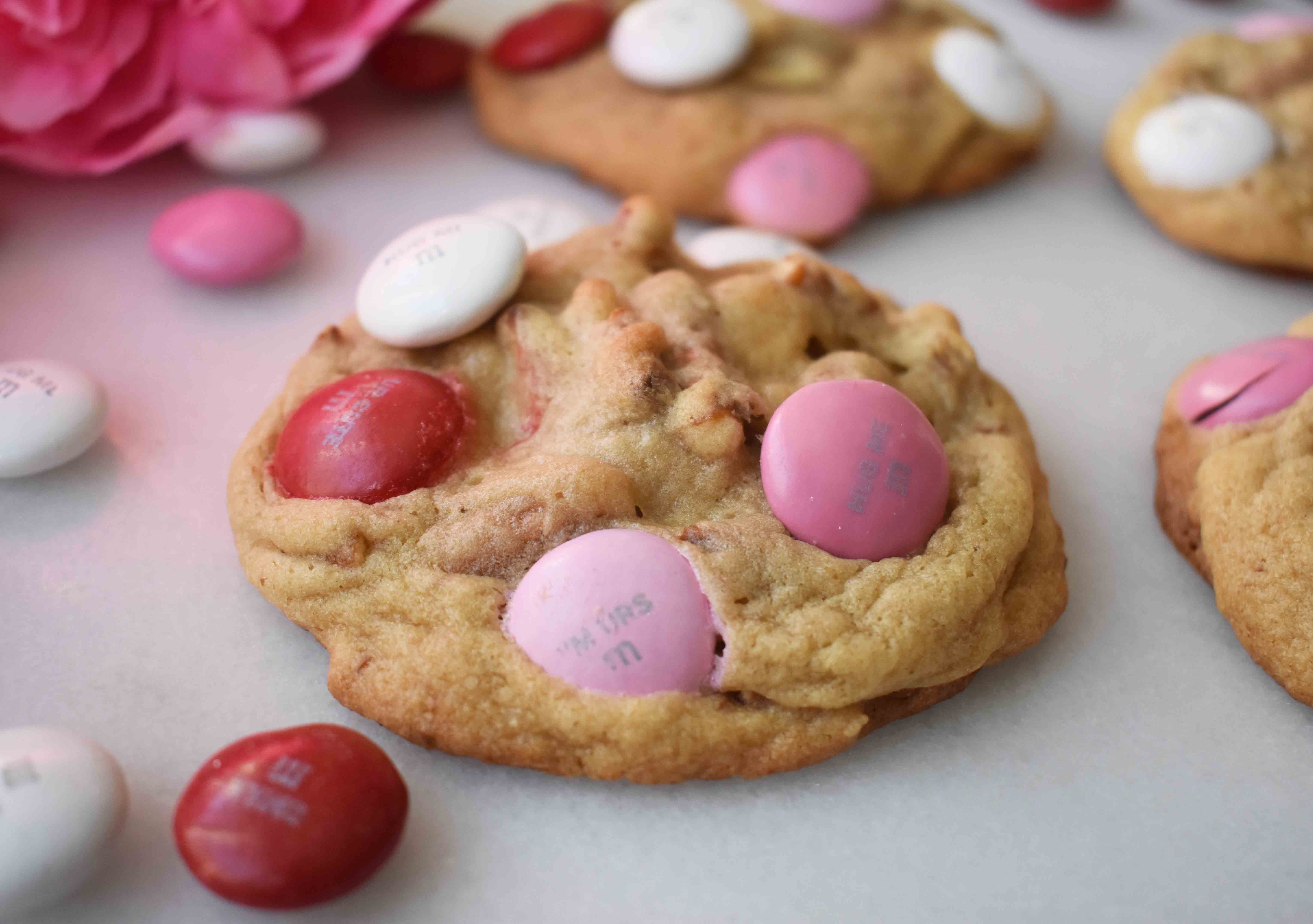 Since this holiday is all about chocolate and roses, I wanted to create a cookie that was salty and sweet. The Heartbreaker Cookie made with crunchy pretzels and chocolate M & M's is everything a good cookie should be.  It has the buttery crispy edges with the melt-in-your-mouth center and a little crunch to keep things interesting.