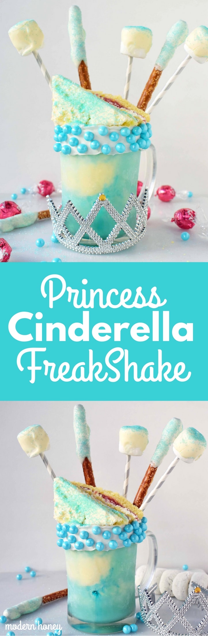 Princess Cinderella FreakShake inspired by the Disney Princess. A vanilla milkshake layered with Cinderella blue tinted ice cream and topped with birthday cake, white chocolate covered pretzels and marshmallows. Perfect for a Princess party or for a Disney lover. www.modernhoney.com