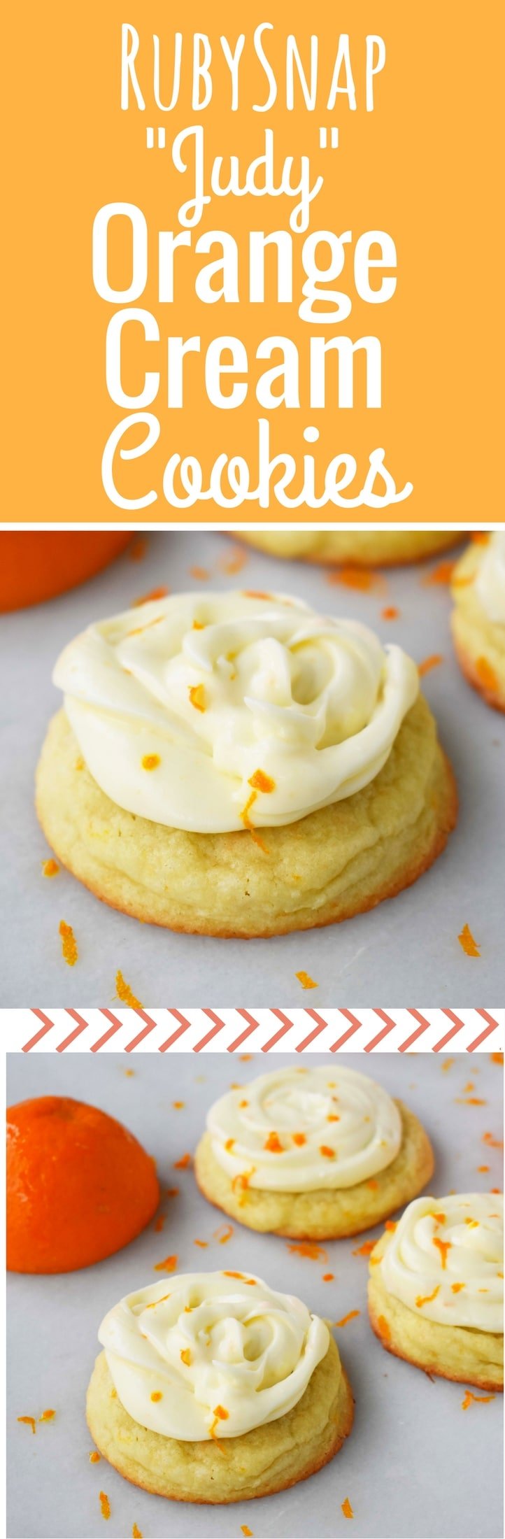 RubySnap Judy Orange Cream Cookies. Soft citrus orange dough cookie topped with sweet orange cream cheese frosting. An orange cream lovers dream cookie! www.modernhoney.com