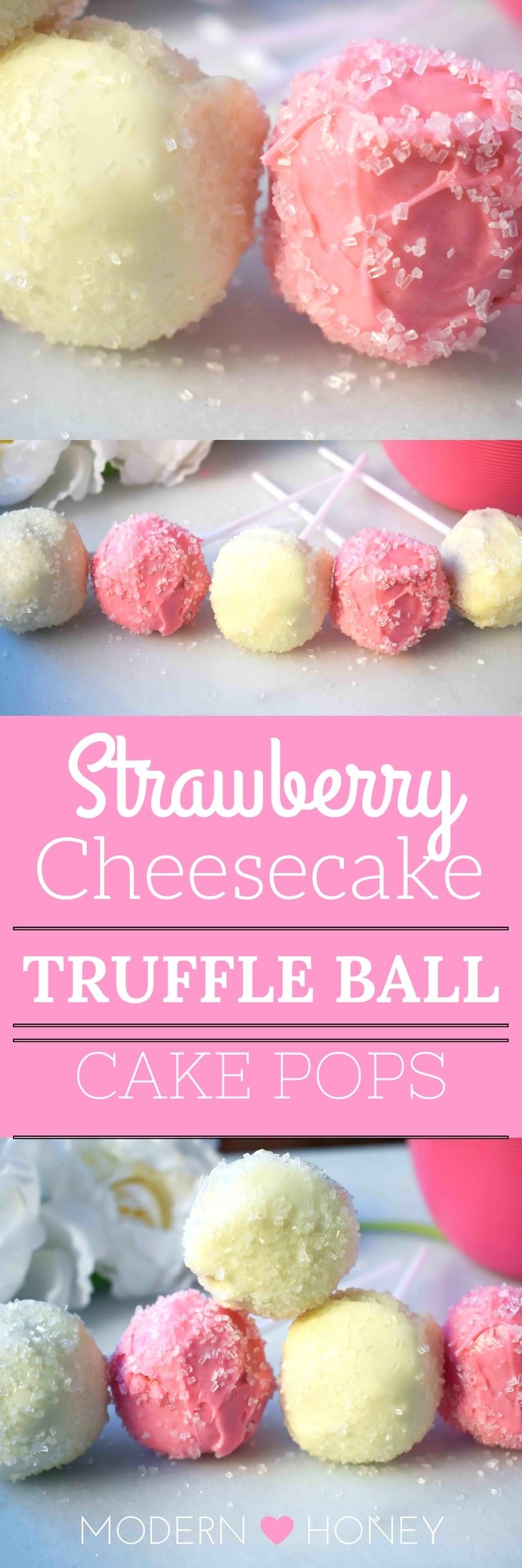 Strawberry Cheesecake Truffle Balls Cake Pops. Homemade yellow butter cake mixed with fresh strawberry cream cheese frosting. Then rolled in melted white melting wafers and sprinkled with sparkling sugar. www.modernhoney.com