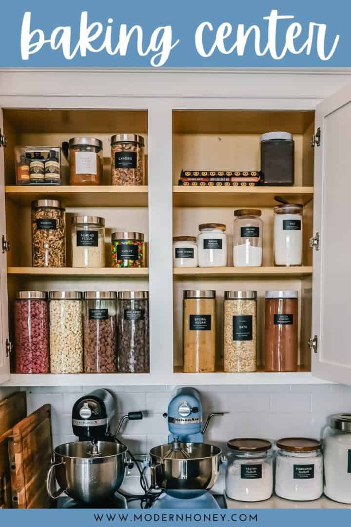 Kitchen Baking Supplies Organization. How to organize a baking center so all of your baking ingredients and supplies are in one place. Tips for storing baking ingredients in jars and the best types of labels to use. This baking organization system makes it so much easier to bake since all of the ingredients are organized and in one place!