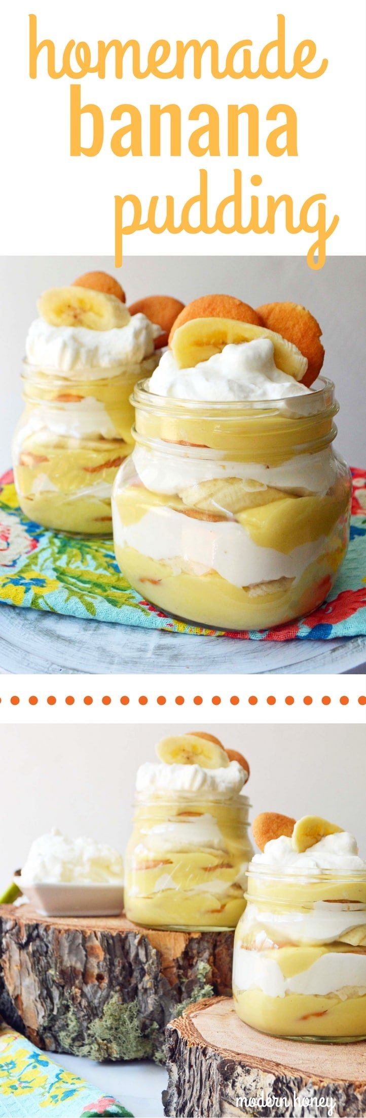 Homemade Banana Pudding Dessert Recipe. Slow cooked vanilla bean custard layered with fresh bananas, nilla wafers and fluffy whipped cream. A perfect Southern dessert and homemade Magnolia Bakery copycat with made from scratch pudding. www.modernhoney.com