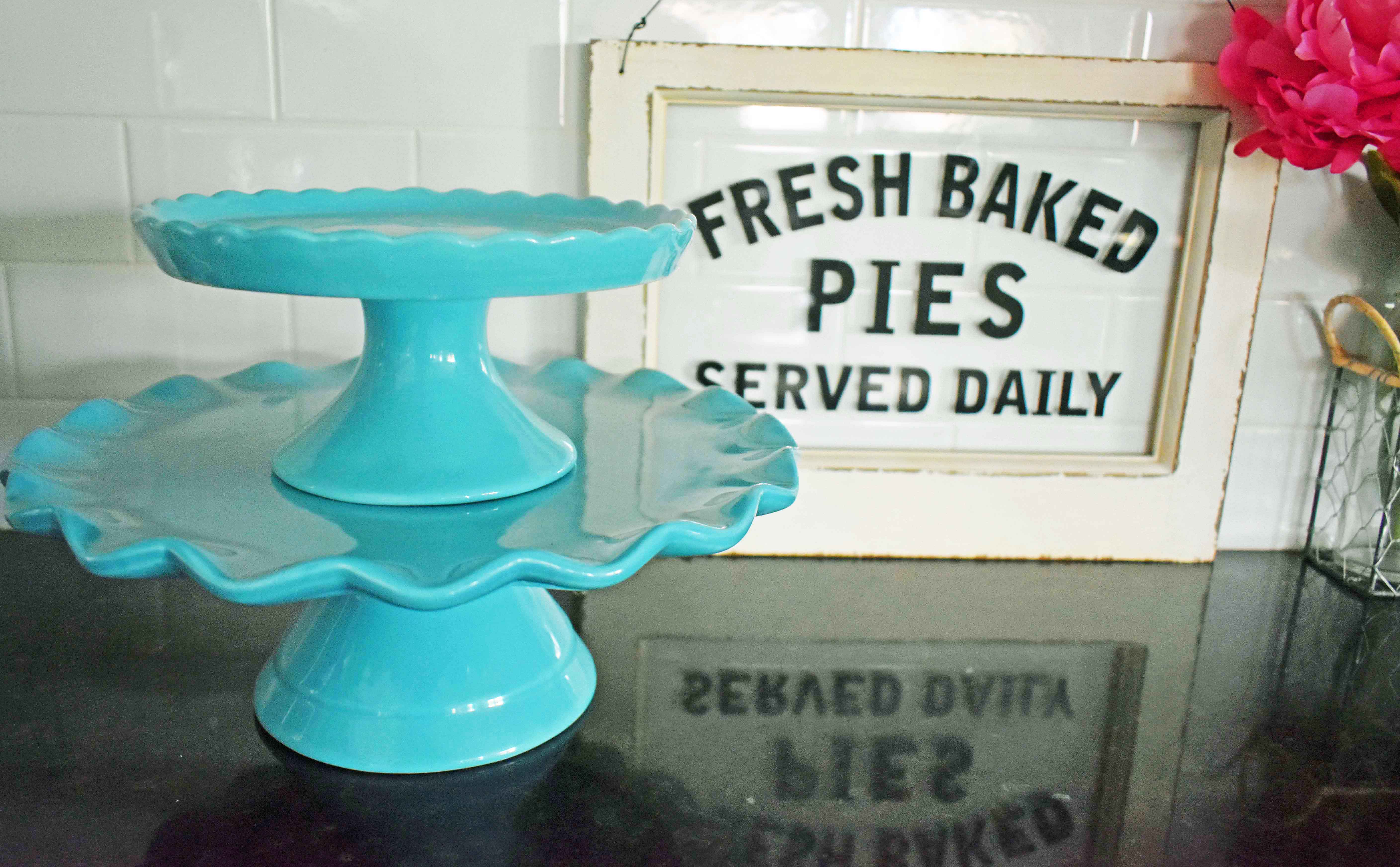 Spring Decoration Ideas. Bright and beautiful teal cake plates and fresh baked pies farmouse sign from World Market.