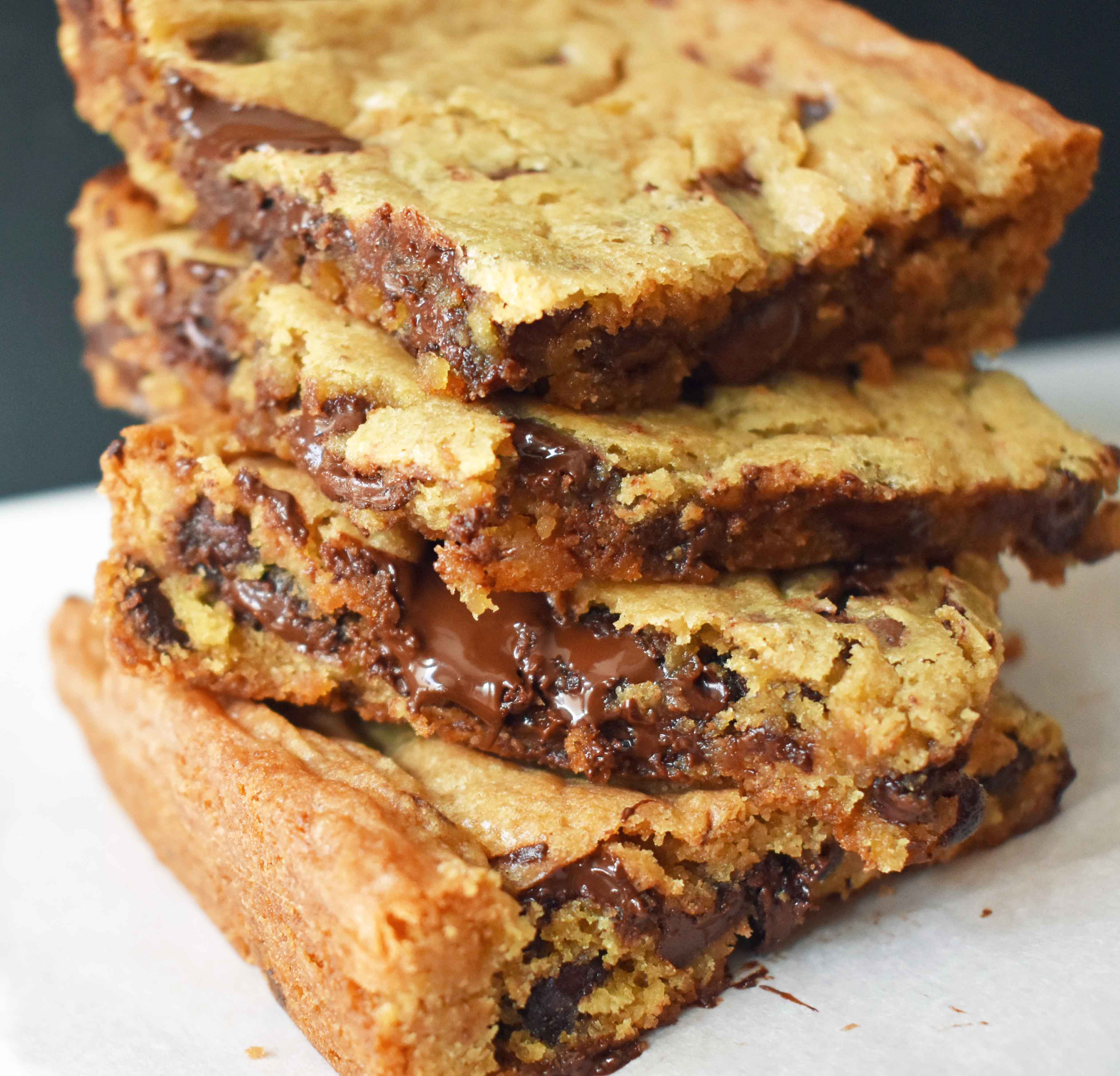 Chocolate Chip Cookie Bars. Classic buttery chocolate chip cookies in a bar. A favorite cookie bar recipe! www.modernhoney.com