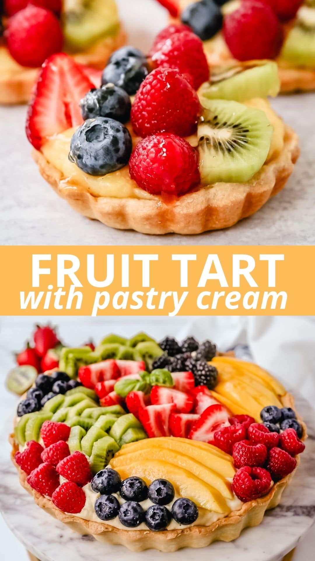 Fruit Tart with Pastry Cream This French fruit tart is made with a flaky, buttery pie crust, filled with homemade vanilla bean pastry cream, and topped with fresh fruit.