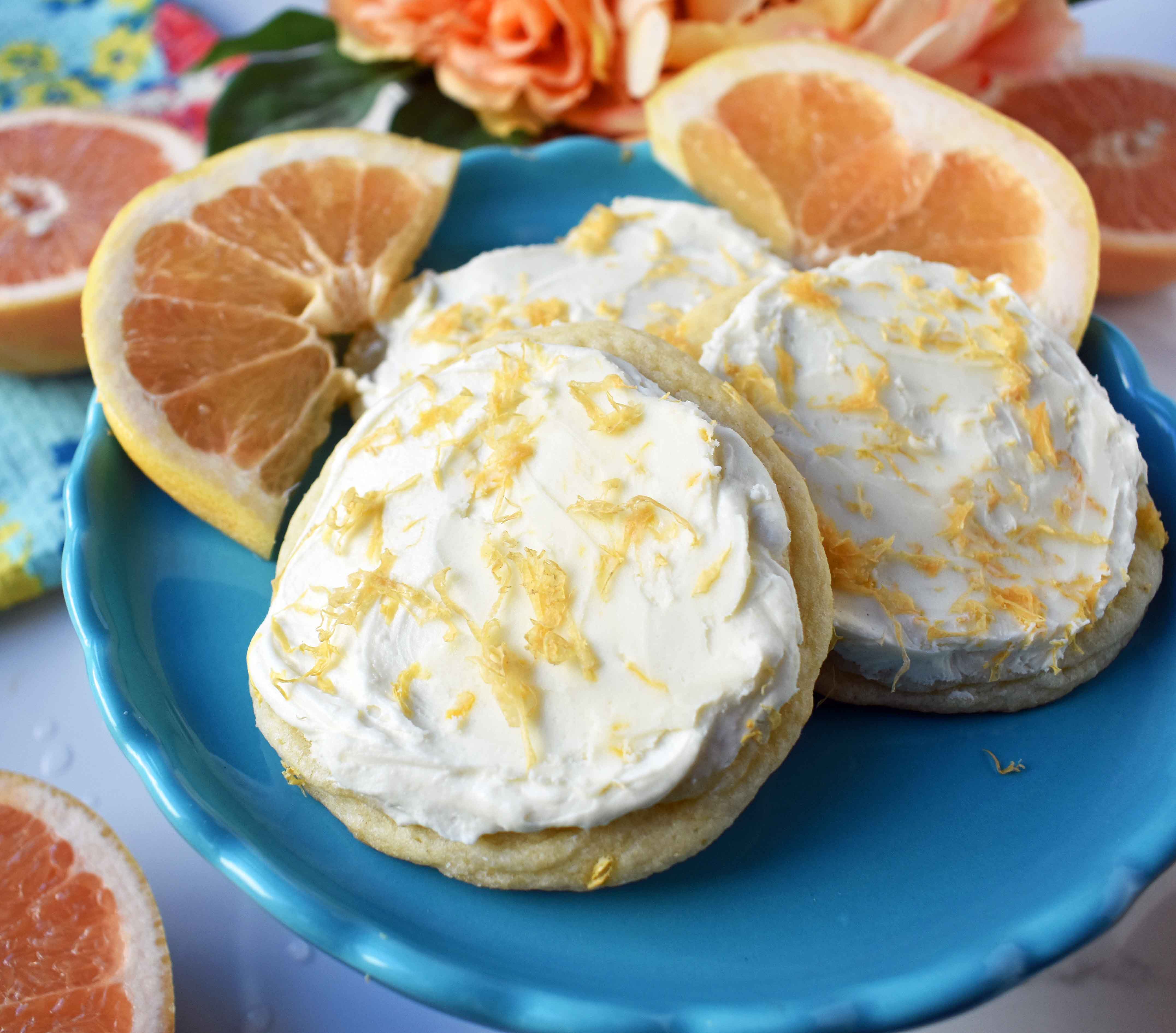 Grapefruit Sugar Cookies with White Chocolate Buttercream. Soft grapefruit citrus cookies topped with homemade white chocolate frosting. www.modernhoney.com