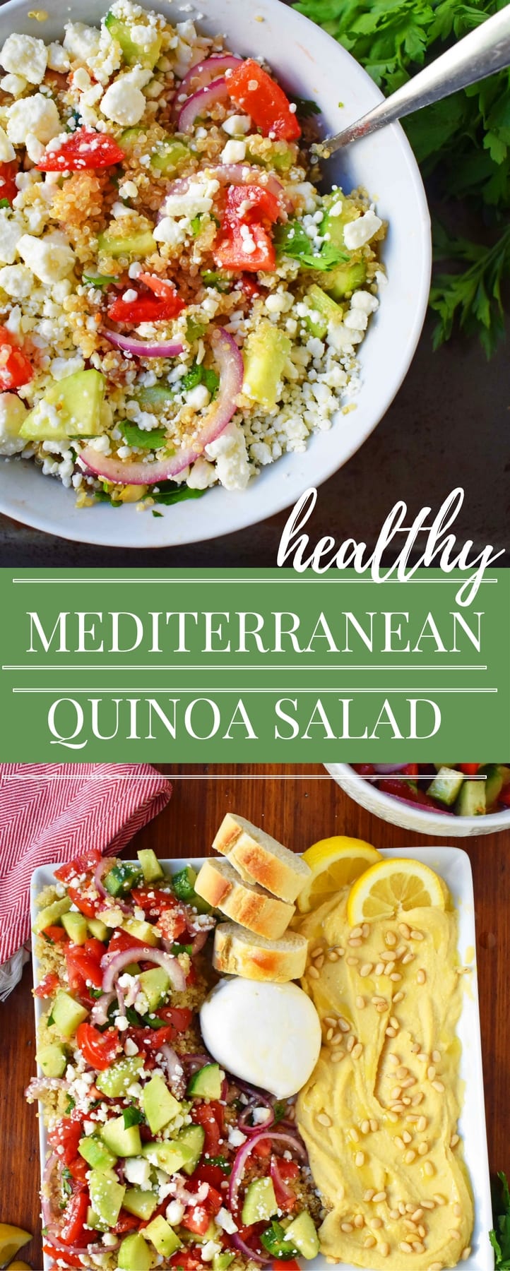 Mediterranean Quinoa Salad. Quinoa tossed with fresh tomatoes, cucumber, red onion, italian parsley, extra virgin olive oil, red wine vinegar, and feta cheese. A healthy, beautiful salad! www.modernhoney.com