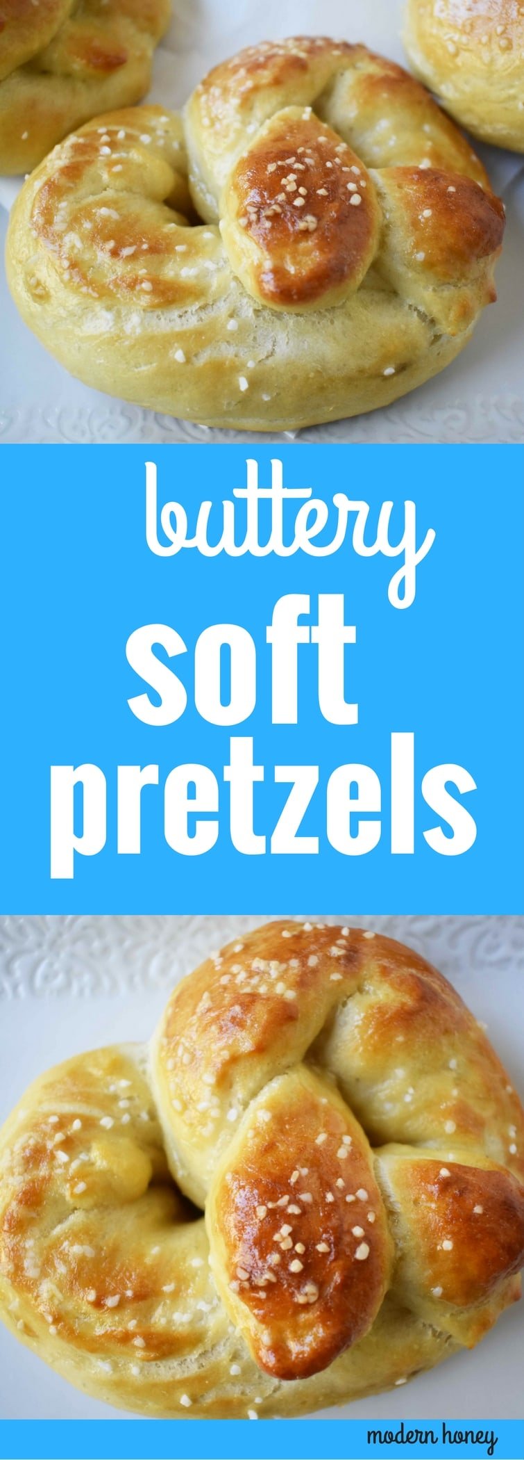 Buttery Soft Pretzels. Homemade, made from scratch soft pretzels. Buttery, soft, and fluffy pretzels with melted butter and coarse salt. Super easy to make! www.modernhoney.com