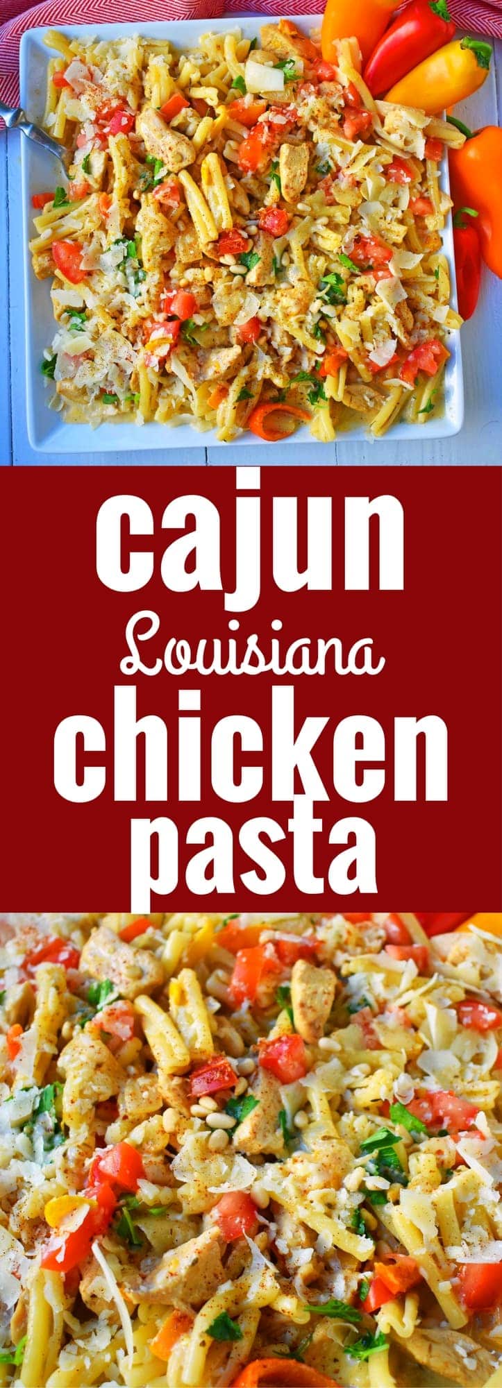 Cajun Louisiana Chicken Pasta made with onions, peppers, chicken, and cajun cream tossed with your favorite kind of pasta and topped with parmesan cheese and pine nuts. A super flavorful creamy pasta dish. www.modernhoney.com