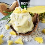 Pina Colada Protein Ice Cream using ProYo High Protein Low Fat Ice Cream, Pineapple, and Coconut Milk. A high protein, refreshing, delicious tasting dessert with no guilt! www.modernhoney.com
