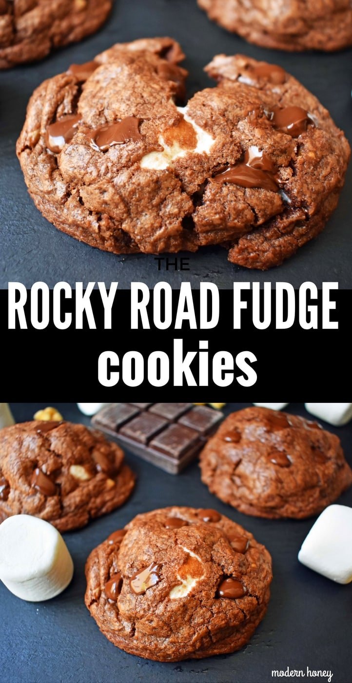 Rocky Road Fudge Cookies. Rich chocolate cookie dough stuffed with melted marshmallow and walnuts. Rocky Road fudge and a cookie rolled into one. Chocolate marshmallow lovers will go crazy for this cookie! www.modernhoney.com