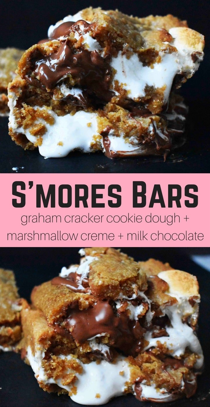 S'mores Bars made with homemade graham cracker cookie dough, marshmallow fluff, and milk chocolate bars. The popular s'more made into a cookie bar. www.modernhoney.com