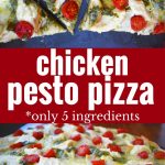 Chicken Pesto Pizza made with only 5 ingredients -- refrigerated pizza dough, pesto sauce, rotisserie chicken, ricotta cheese, and fresh mozzarella. May add grape tomatoes if so desired. An easy, flavorful homemade white pizza. www.modernhoney.com