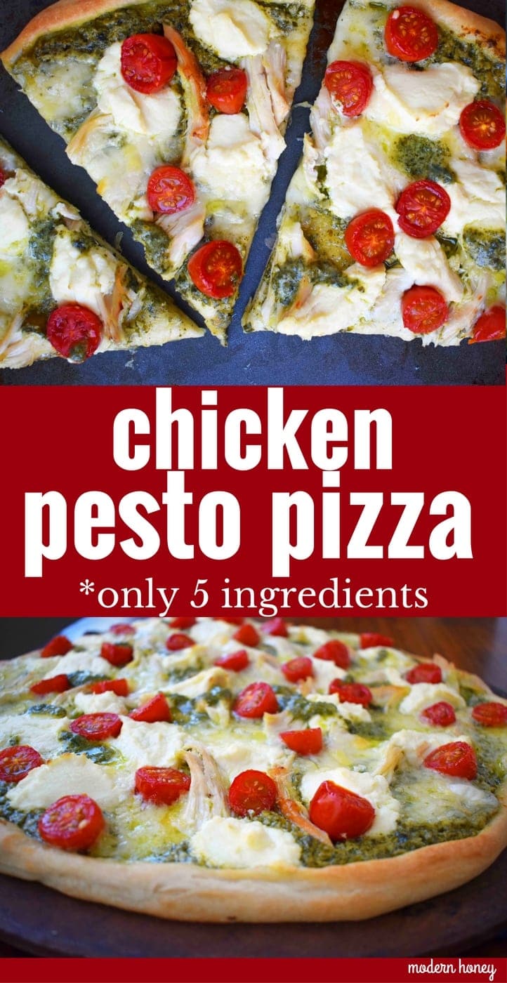 Chicken Pesto Pizza made with only 5 ingredients -- refrigerated pizza dough, pesto sauce, rotisserie chicken, ricotta cheese, and fresh mozzarella. May add grape tomatoes if so desired. An easy, flavorful homemade white pizza. www.modernhoney.com