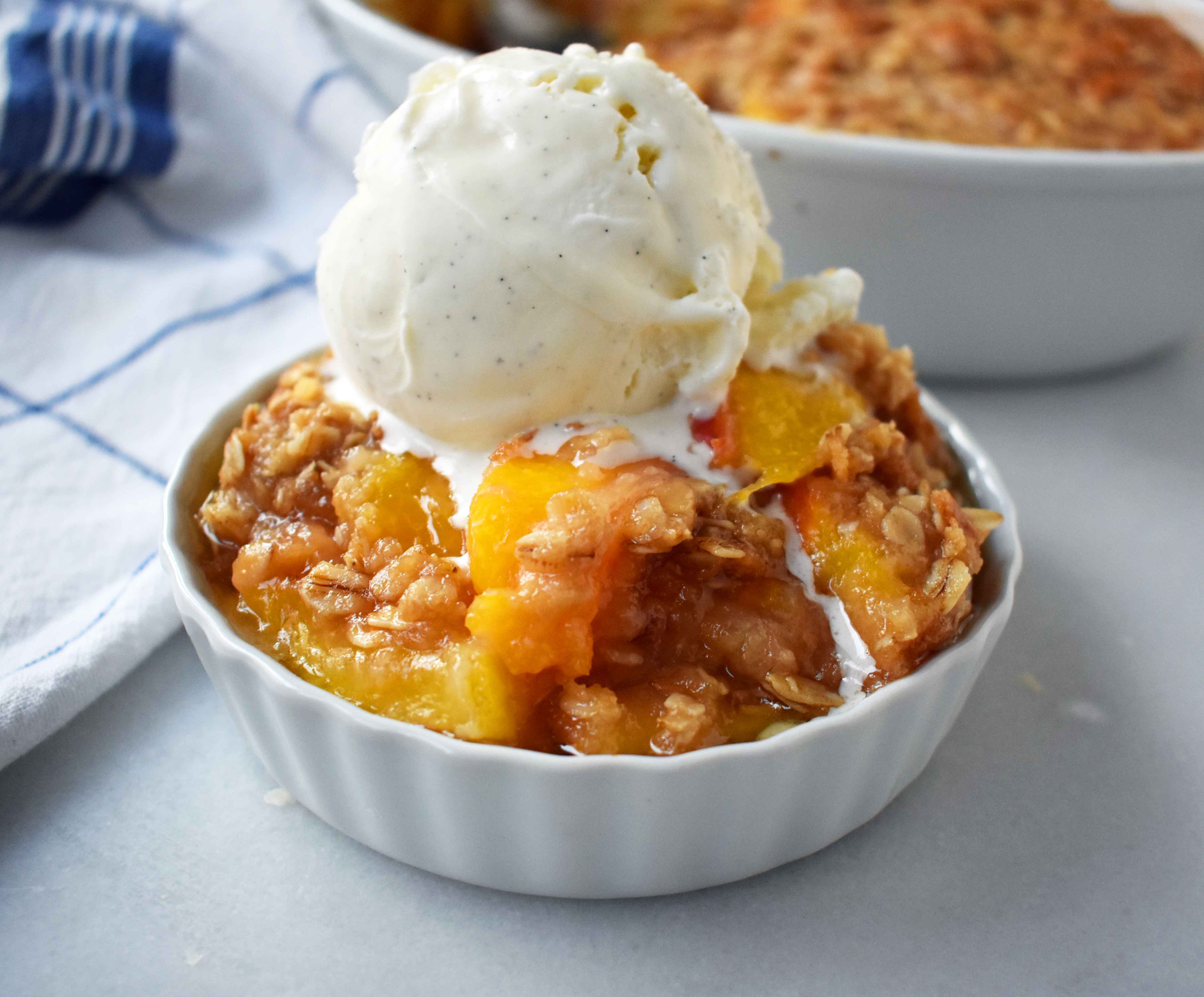 Nectarine Brown Sugar Crisp. Sweet ripe nectarines topped with a brown sugar oat crumble. A buttery brown sugar topping on top of sweet nectarines. Peach Brown Sugar Crisp. www.modernhoney.com 