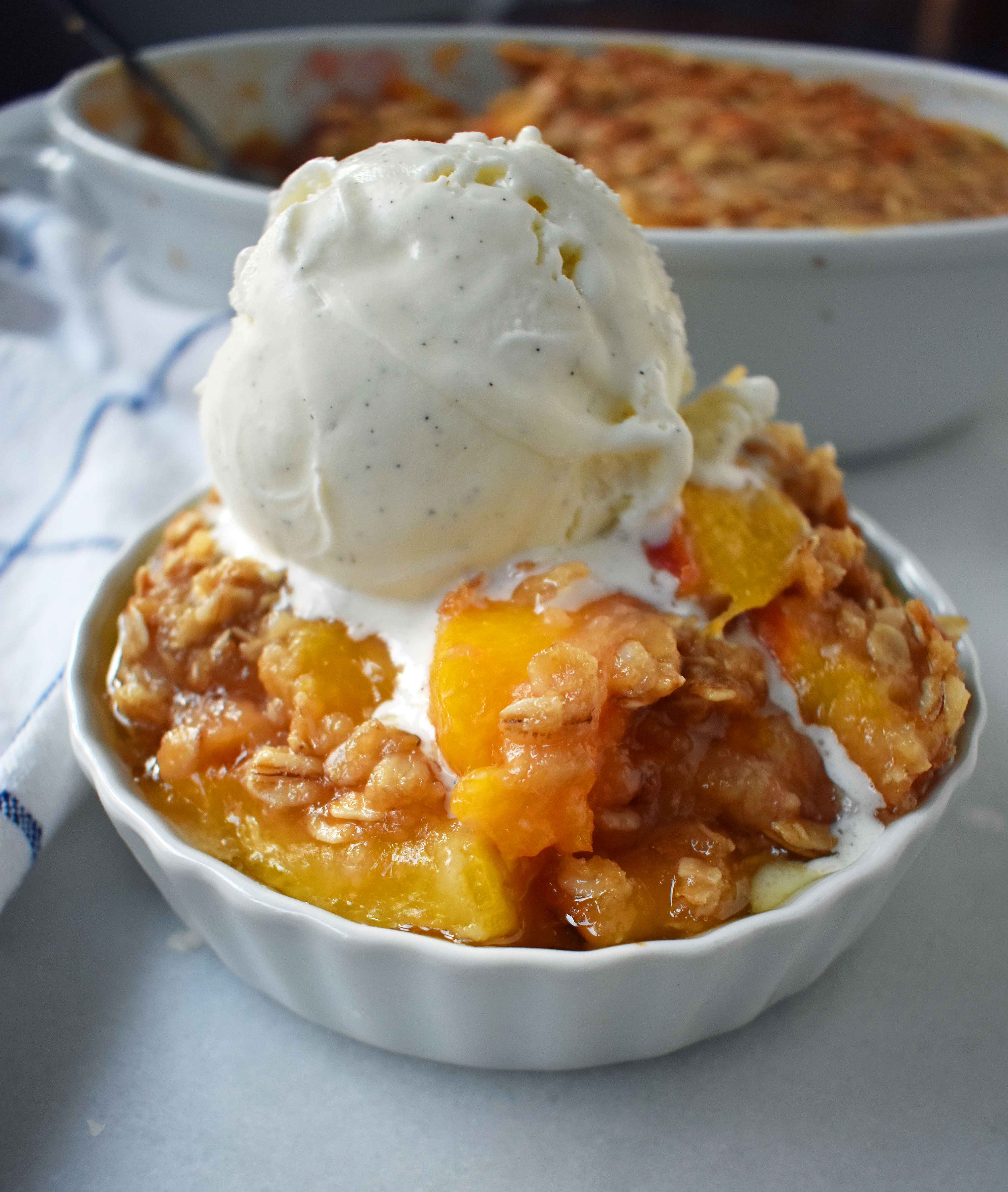 Nectarine Brown Sugar Crisp. Sweet ripe nectarines topped with a brown sugar oat crumble. A buttery brown sugar topping on top of sweet nectarines. Peach Brown Sugar Crisp. www.modernhoney.com 