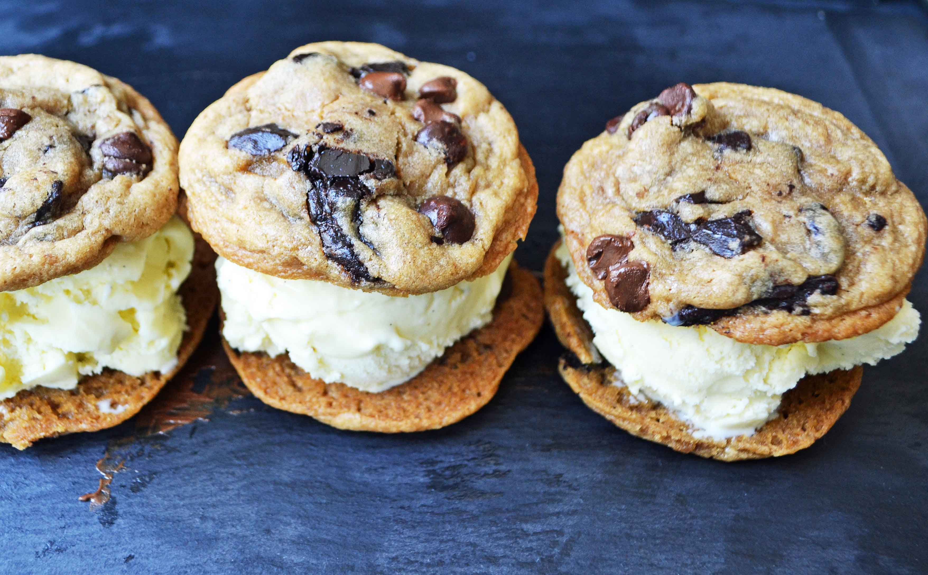 Chocolate Chip Cookie Ice Cream Sandwich. Ultimate soft chocolate chip cookies stuffed with homemade vanilla bean ice cream. The most popular ice cream sandwich. www.modernhoney.com