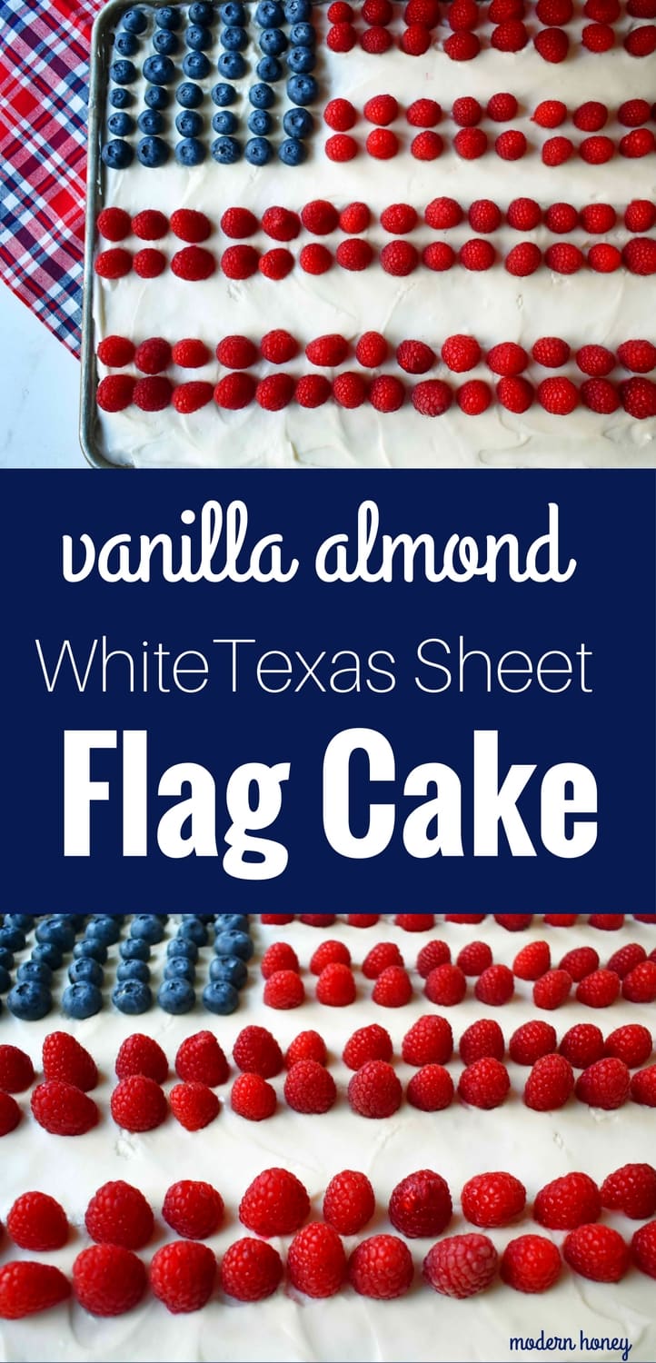 Vanilla Almond White Texas Sheet Cake. A vanilla white cake poured to a jelly roll pan and baked until moist and tender. Topped with almond cream cheese frosting and fresh berries. Perfect flag cake for a 4th of July celebration. www.modernhoney.com