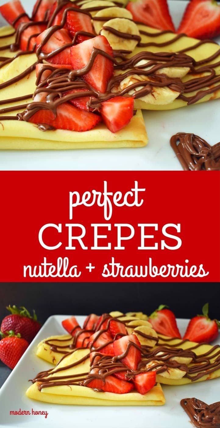 Perfect Crepes Recipe with Nutella and Strawberries. Buttery French crepes that melt-in-your-mouth. A list of crepe topping ideas and where to buy the best crepe pans. www.modernhoney.com