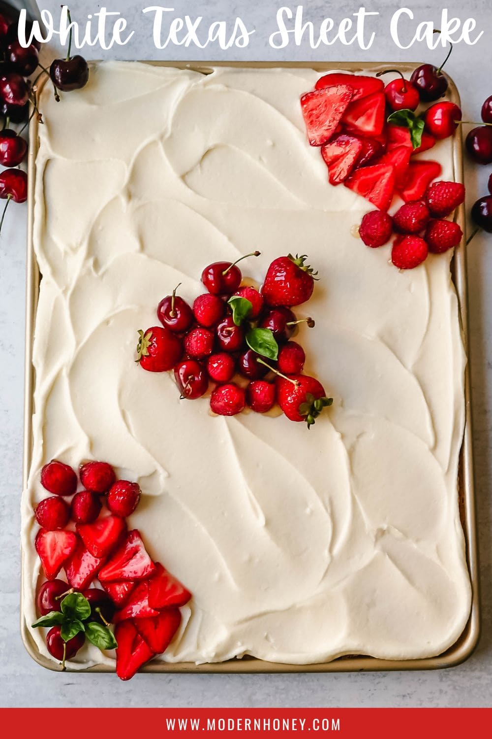 White Texas Sheet Cake Recipe with a moist vanilla sheet cake topped with a creamy vanilla buttercream frosting. An easy white Texas sheet cake that tastes delicious!