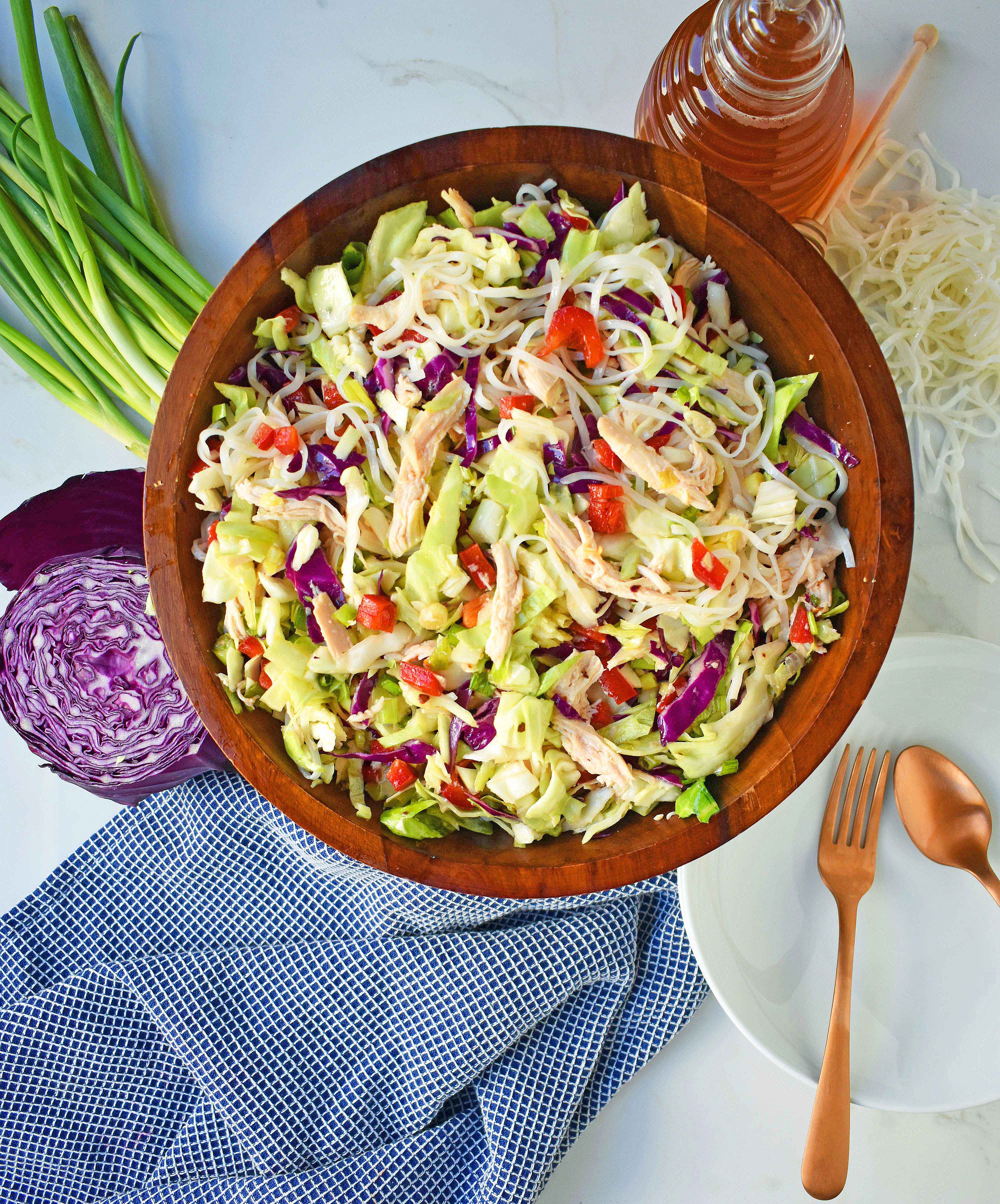 Chinese Chicken Salad with crunchy cabbage, tender chicken, green onions, red pepper, almonds, all tossed in a honey ginger dressing. May add rice or soba noodles if you so desire. A gluten- free and dairy-free Chinese Chicken Noodle Salad. A healthy salad that is perfect for a potluck. www.modernhoney.com