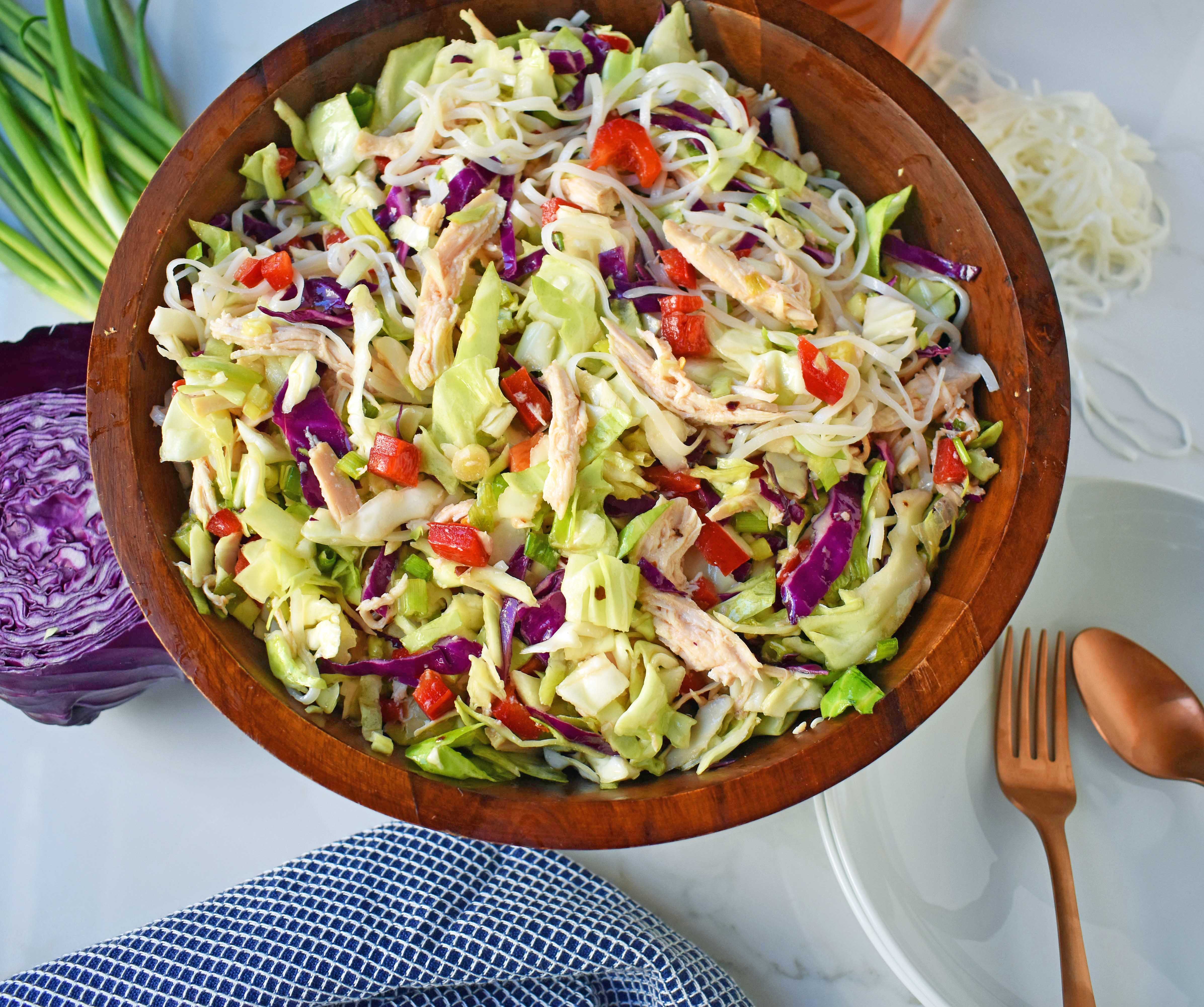 Chinese Chicken Salad with crunchy cabbage, tender chicken, green onions, red pepper, almonds, all tossed in a honey ginger dressing. May add rice or soba noodles if you so desire. A gluten- free and dairy-free Chinese Chicken Noodle Salad. A healthy salad that is perfect for a potluck. www.modernhoney.com