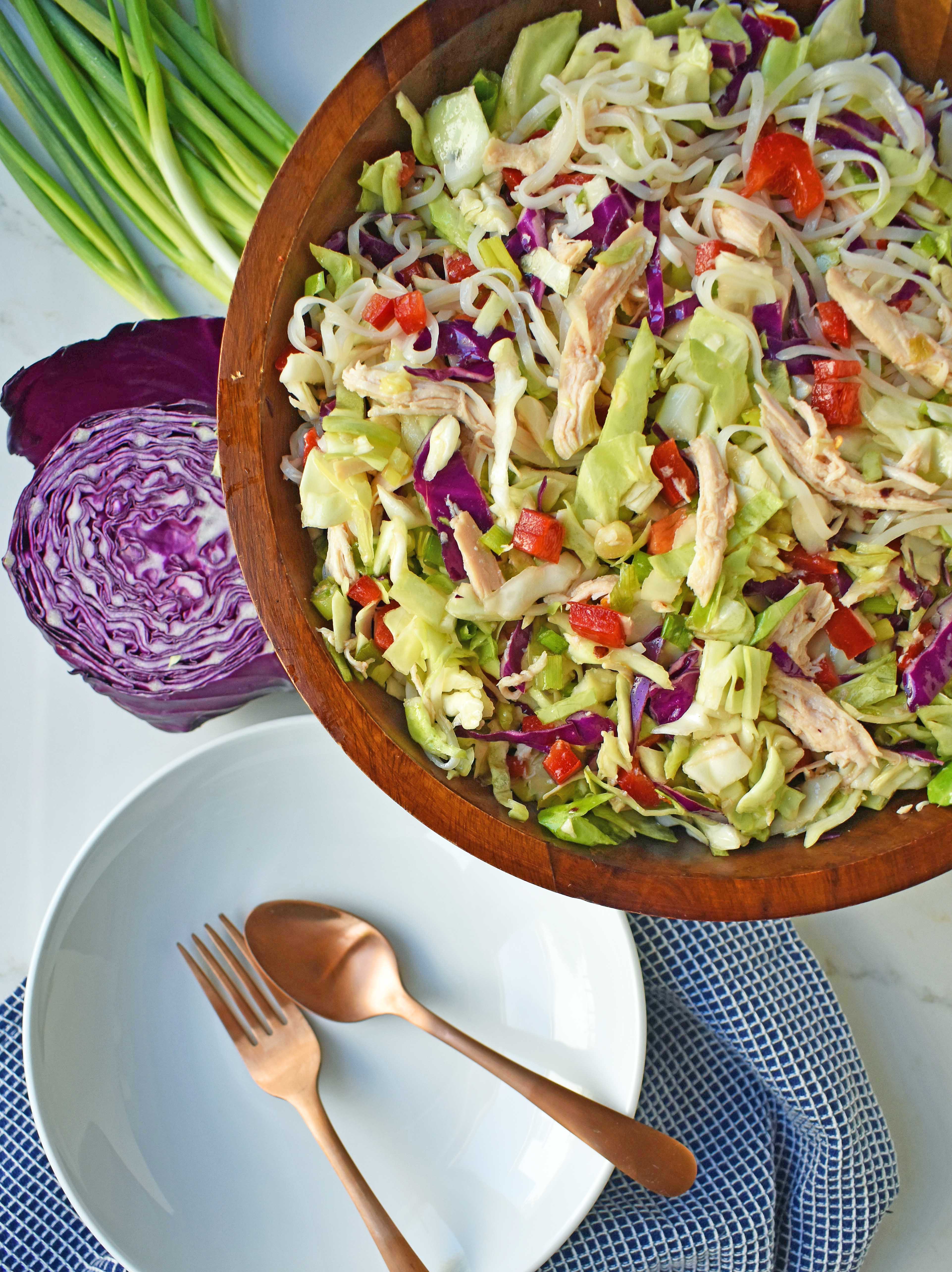 Chinese Chicken Salad with crunchy cabbage, tender chicken, green onions, red pepper, almonds, all tossed in a honey ginger dressing. May add rice or soba noodles if you so desire. A gluten- free and dairy-free Chinese Chicken Noodle Salad. A healthy salad that is perfect for a potluck. www.modernhoney.com