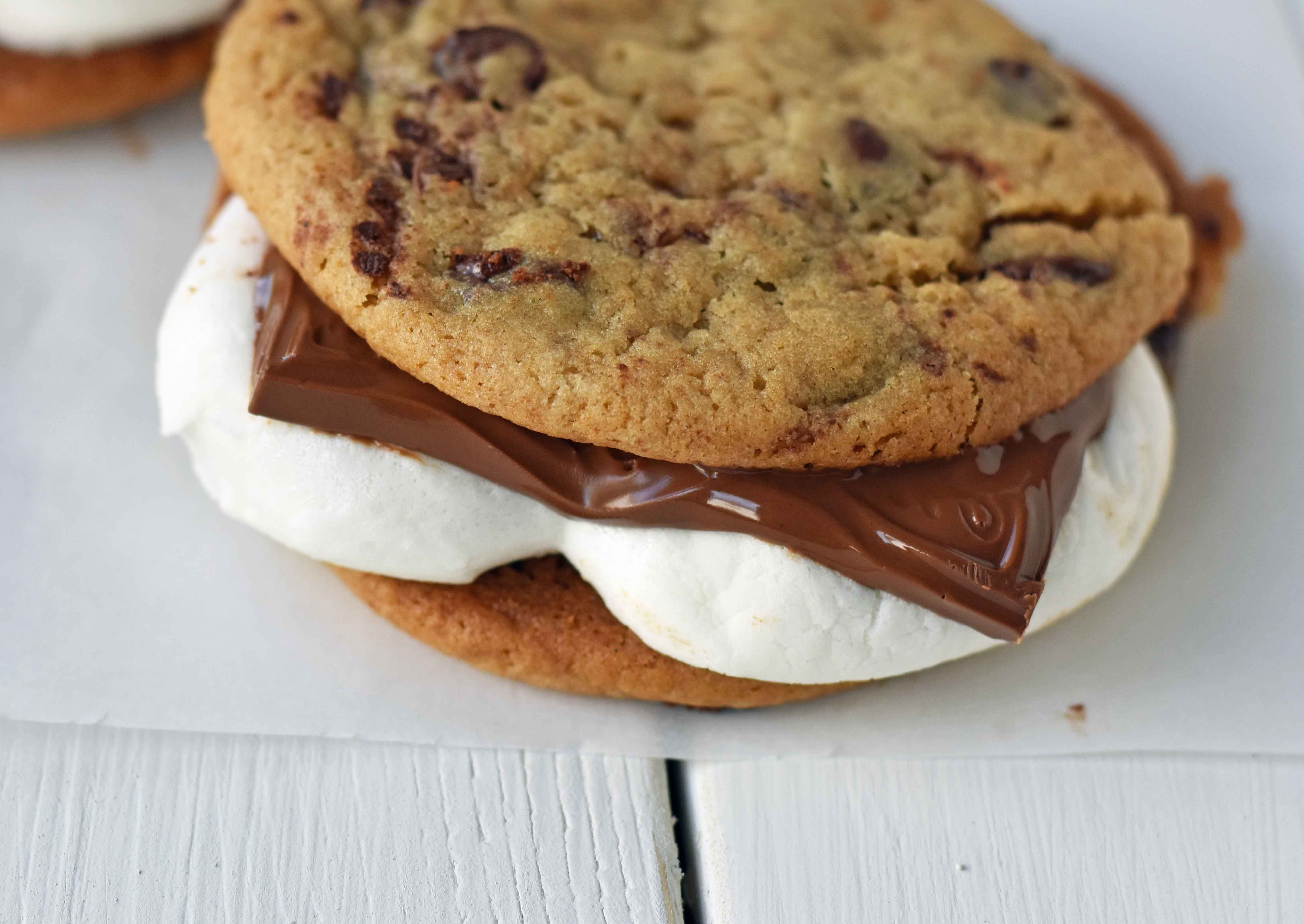 Chocolate Chip Cookie S'mores. Warm, homemade chocolate chip cookies sandwiched with melted toasted marshmallow and rich milk chocolate. The ultimate s'mores. www.modernhoney.com