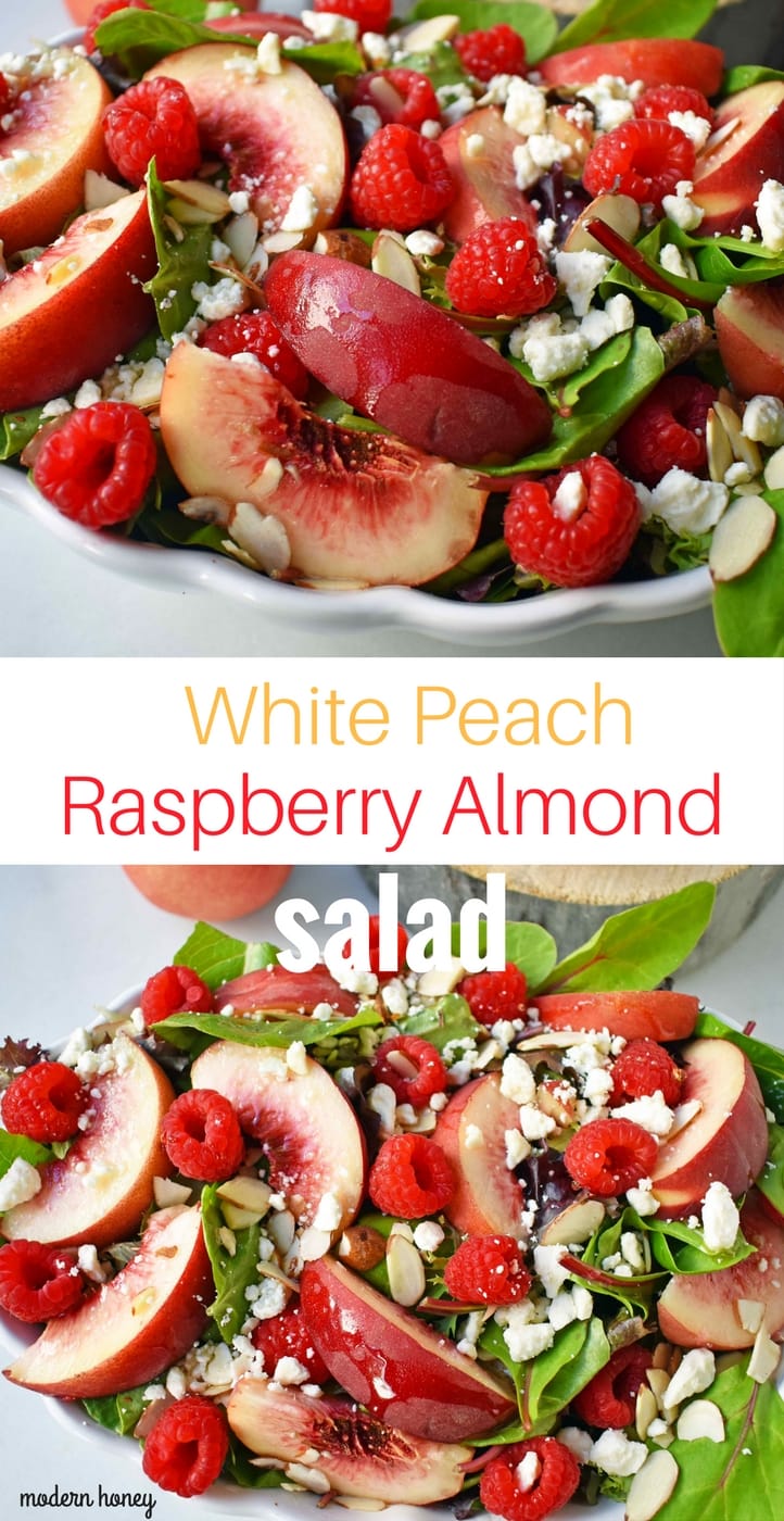 White Peach Raspberry Almond Salad. Fresh white peaches or nectarines, plump raspberries, candied almonds, creamy feta or white cheddar cheese all tossed with a sweet dressing. The perfect summer raspberry peach salad. www.modernhoney.com