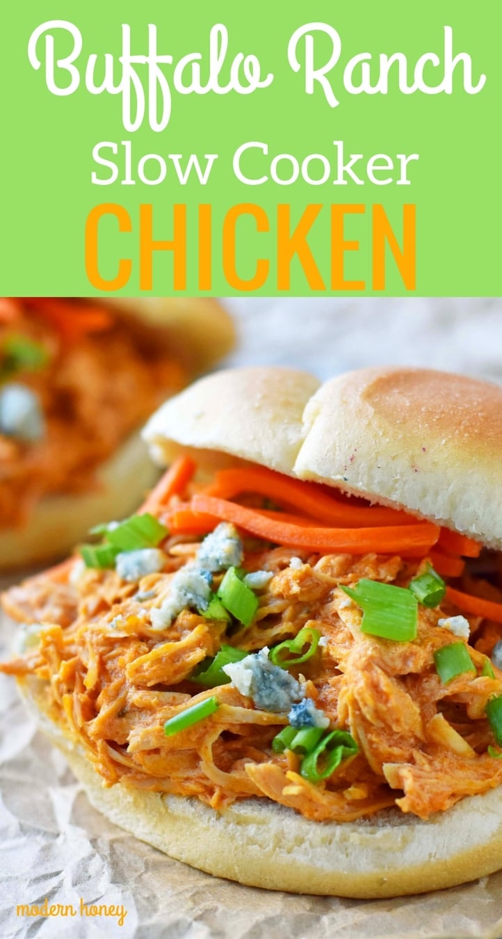 Buffalo Ranch Slow Cooker Chicken made with chicken breast, ranch dressing powder, buffalo wing sauce and cream cheese. This buffalo ranch chicken is made with only 4 ingredients. Can be made into buffalo chicken sliders. Perfect for football tailgate parties or potlucks. www.modernhoney.com