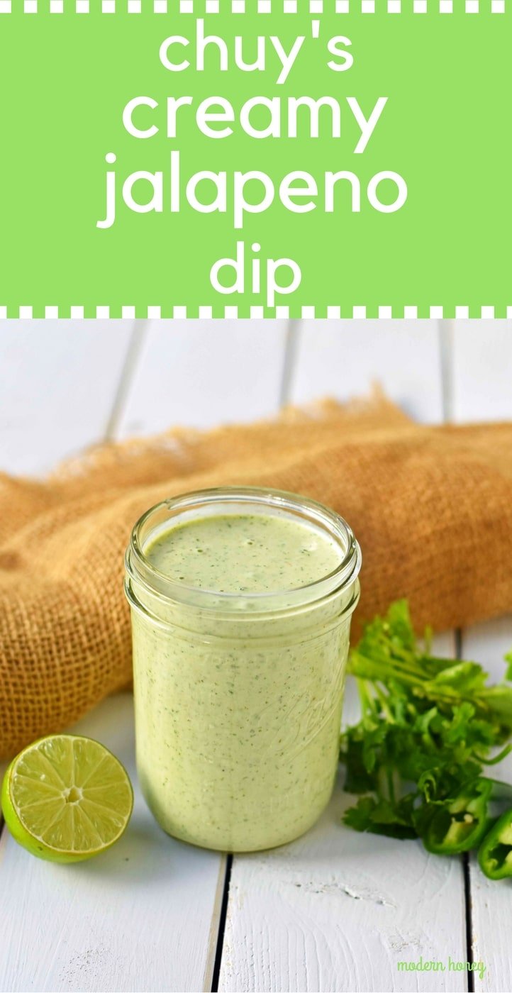 Chuy's Creamy Jalapeno Cilantro Dip Dressing. A copycat recipe for Chuy's famous jalapeno dip. This creamy jalapeno dip can be served with chips, drizzled on a burrito bowl, or as a dressing on a salad. Creamy Jalapeno Cilantro dressing makes everything taste good! Also a Cafe Rio cilantro ranch dressing copycat recipe. www.modernhoney.com
