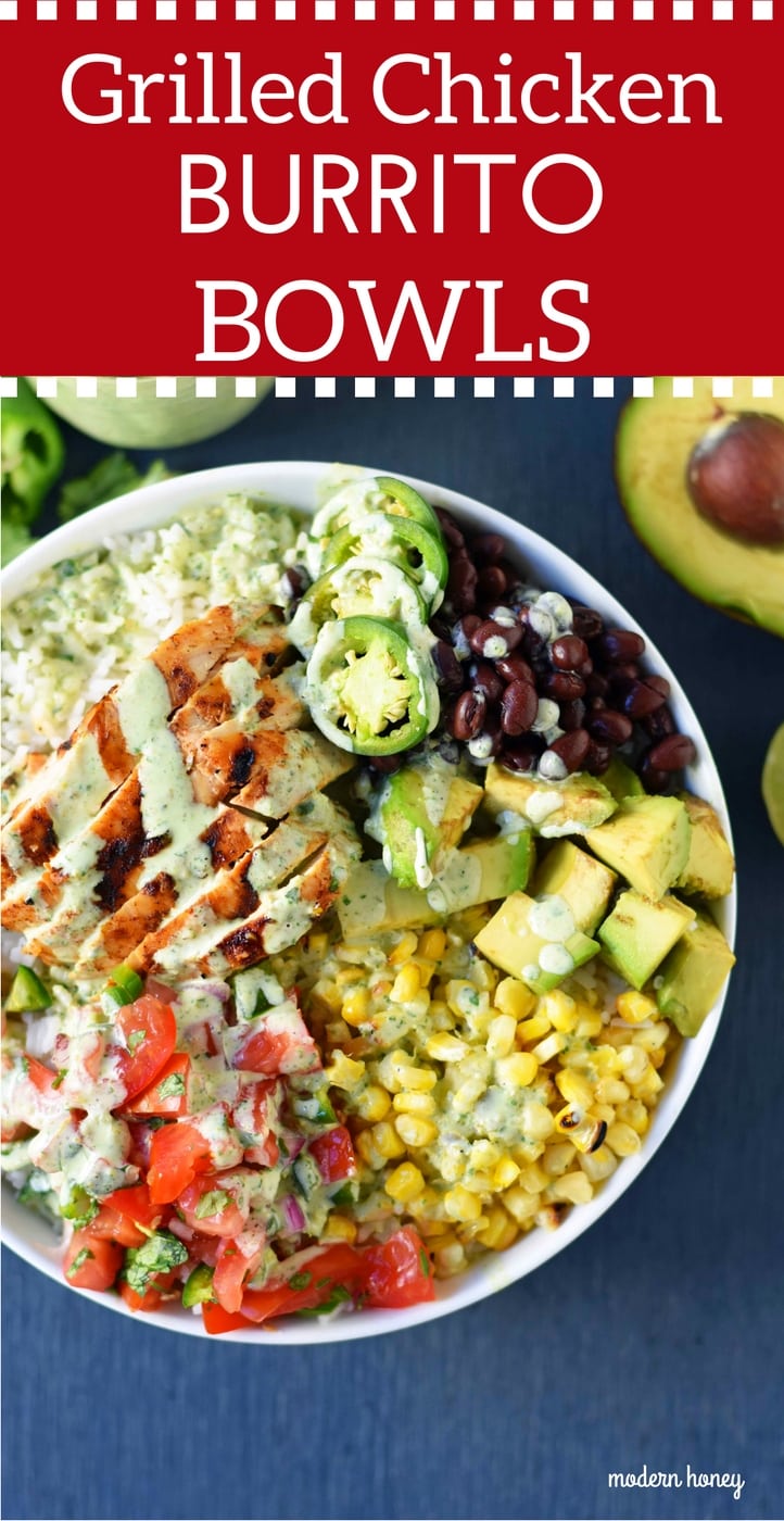 Grilled Chicken Burrito Bowls. Chipotle burrito bowls copycat recipe. Chili lime grilled chicken, pico de gallo, avocado, roasted corn, black beans, rice, and cilantro ranch dressing. A healthy mexican chicken taco bowl. www.modernhoney.com