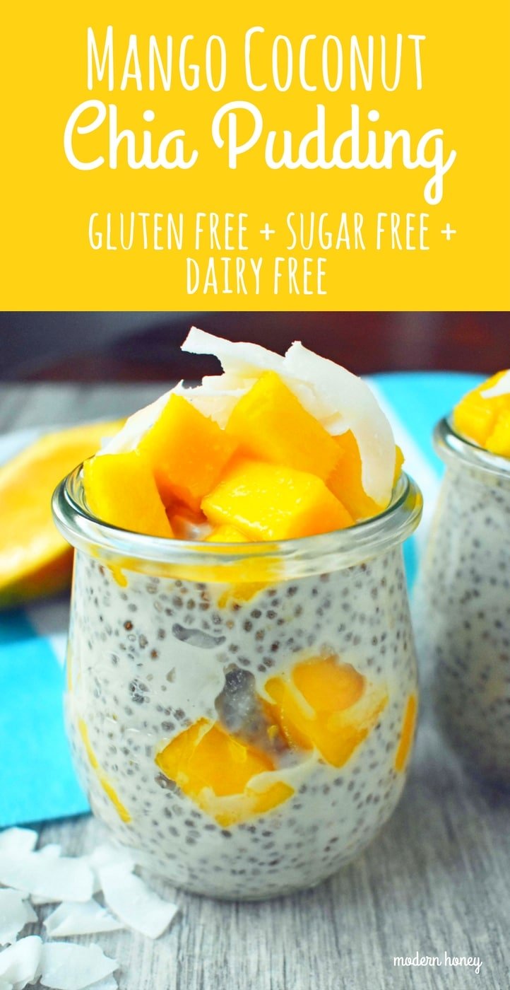 Coconut Mango Chia Pudding. A gluten-free, sugar-free, dairy-free dessert. Omega rich chia seeds soaked in coconut milk and sweetened with real maple syrup. Topped with unsweetned coconut flakes and fresh mango for a healthy tropical treat. www.modernhoney.com