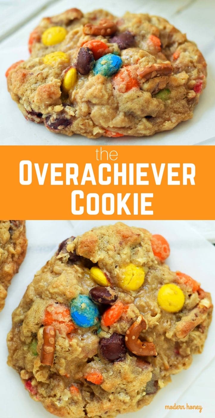 The Overachiever Oatmeal Pretzel M & M Cookie made with a sweet oatmeal cookie dough with oatmeal, shredded coconut, pretzels and M & M's. This Overachiever Cookie is the perfect balance of sweet and salty. www.modernhoney.com