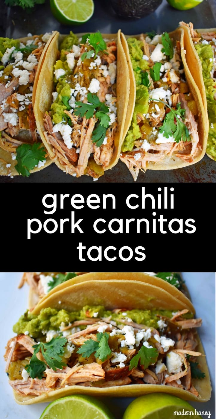 Green Chili Pork Carnitas Tacos. Slow cooker green chili pork carnitas cooked low and slow until nice and tender. Tacos topped with homemade guacamole, cilantro, and queso fresco. www.modernhoney.com