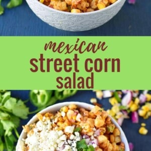 Mexican Street Corn Salad. Mexican Street Corn in a bowl made with roasted corn, mexican spices, lime, cilantro, a touch of mayo, and cotija cheese. A perfect mexican side dish or mexican appetizer. This street corn is great on tacos too! www.modernhoney.com