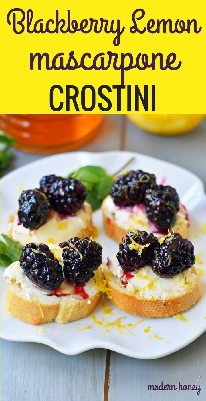 Blackberry and Lemon Mascarpone Crostini is made with a toasted french baguette, creamy mascarpone cheese, sugar marinated blackberries, lemon zest, and a drizzle of honey. A perfect appetizer for a bridal shower, baby shower, party, festive holiday gathering, or at home. A sophisticated and beautiful quick and easy appetizer. www.modernhoney.com